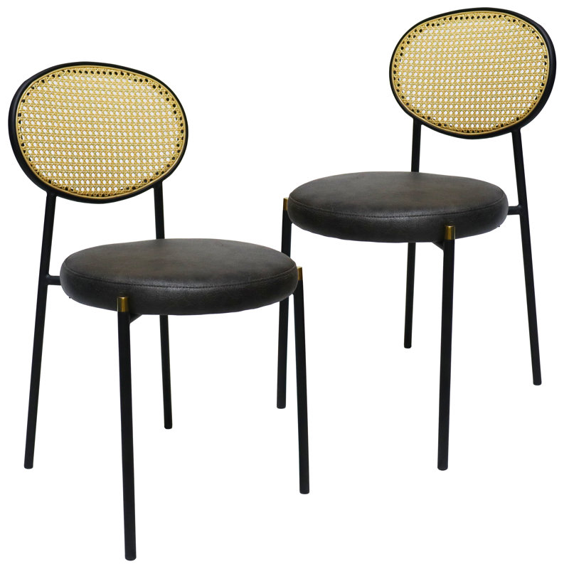 Cordera Velvet Dining Side Chair with Rattan Back and Black Metal Legs for Kitchen or Dining Room, Charcoal