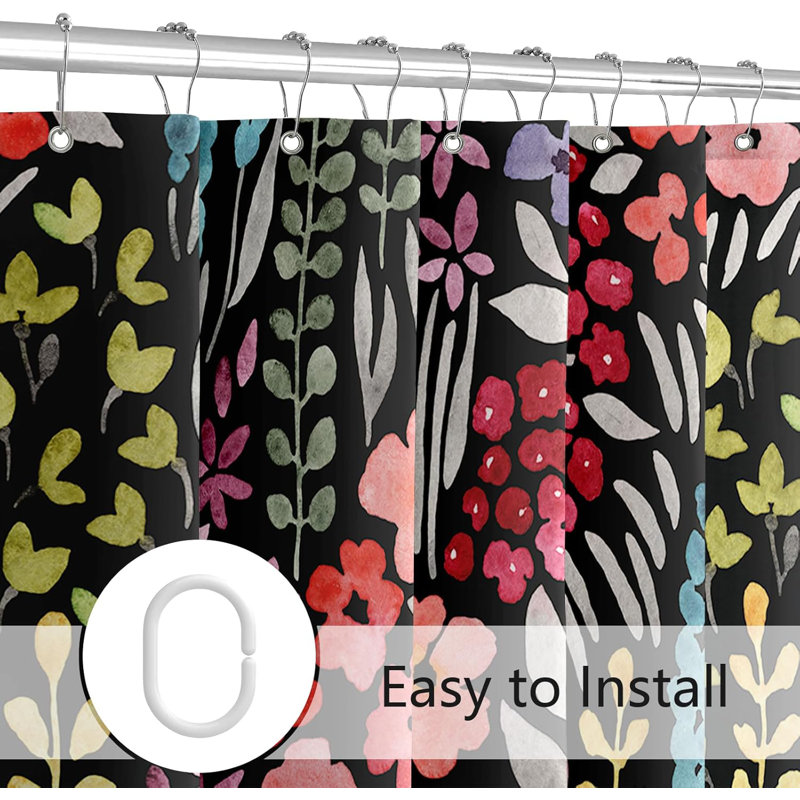 Wildflower Boho Cottagecore Polyester Shower Curtain Set, Black, 182.88cm H x 91.44cm W