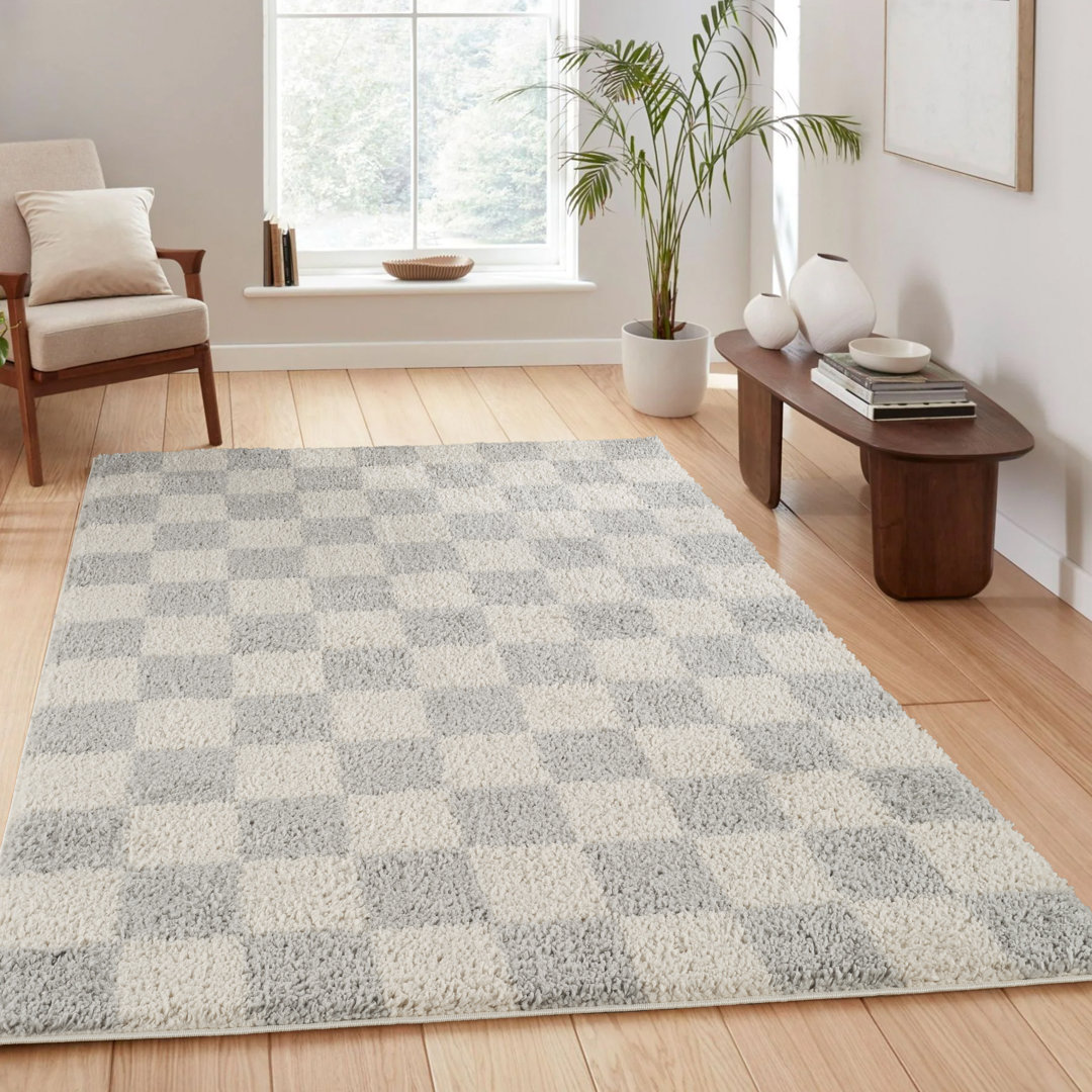 Chester Living Room Shaggy Area Rug Modern - Contemporary Checkered Design 30Mm Plush Pile Jute Backing Soft Woven Carpet -Hallway Indoor Rug, Grey,