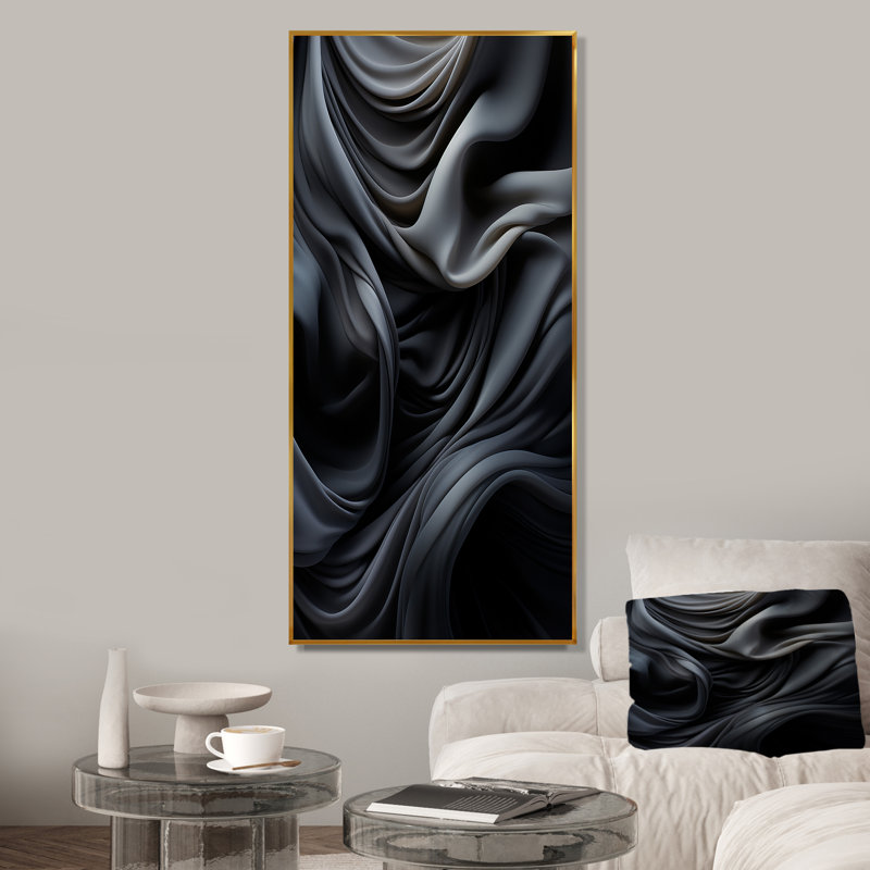Gris apaisant, ombres II, art mural abstrait, Cadre flottant doré, H 60 po x l 28 po x P 1,5 po