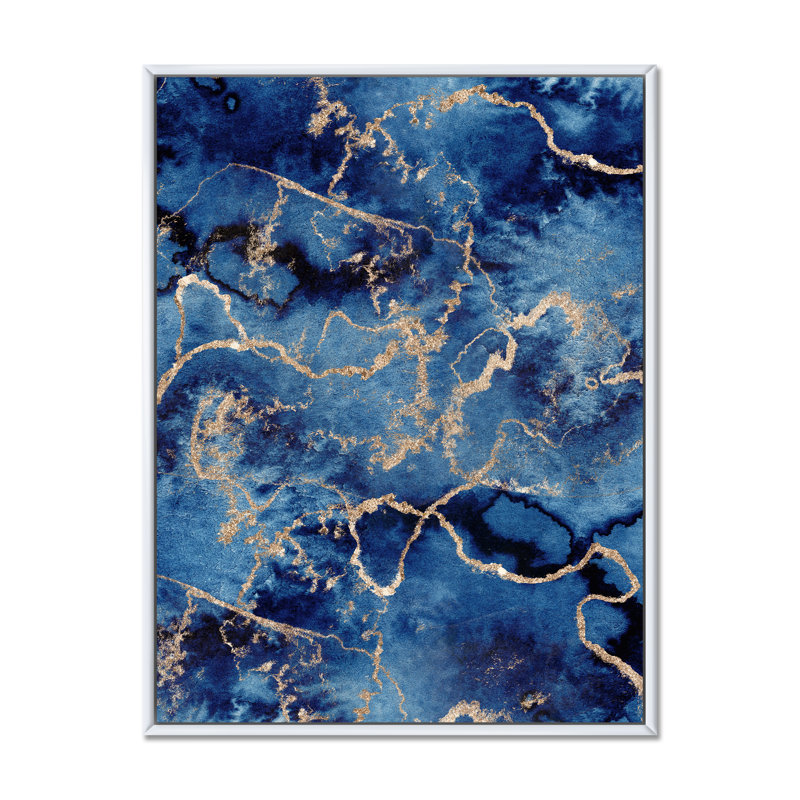 «Blue Gold Infusé liquide I», peinture sur toile, H 32 po x l 24 po, Cadre flottant blanc