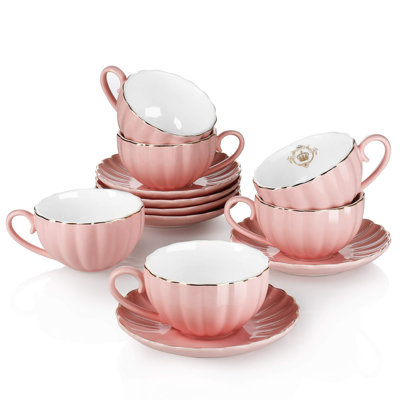Ensemble de 6 tasses à thé et soucoupes en porcelaine 8 oz, 6 tasses à café de style britannique avec garniture dorée, boîte-cadeau de luxe incluse