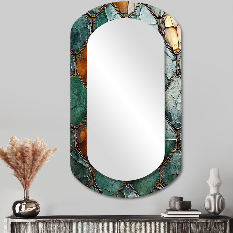 Green and gold marble Mosaic tiles  II - Tile Cylinder Mirror, Green Asymmetrical Unique Wall Mirror, Printed Metal Art