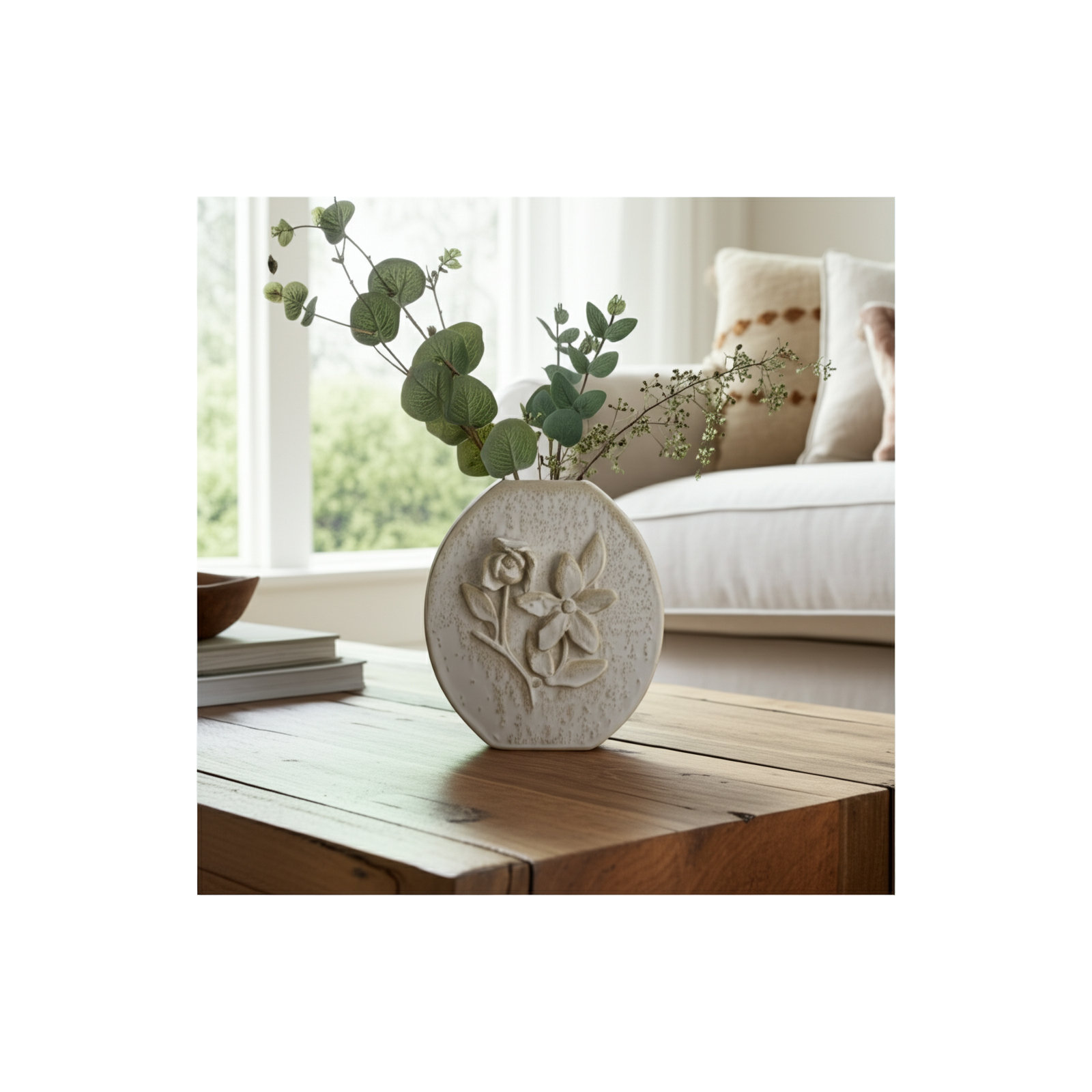 Pottery Earthenware Textured Vase With Tapered Rim And Organic Pattern