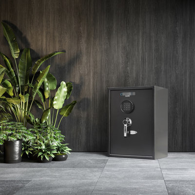 Coffre-fort noir avec volume de 1,45 pi³, serrure électronique et possibilités de fixation pour coffre-fort en acier, noir, trous pour clavier numérique