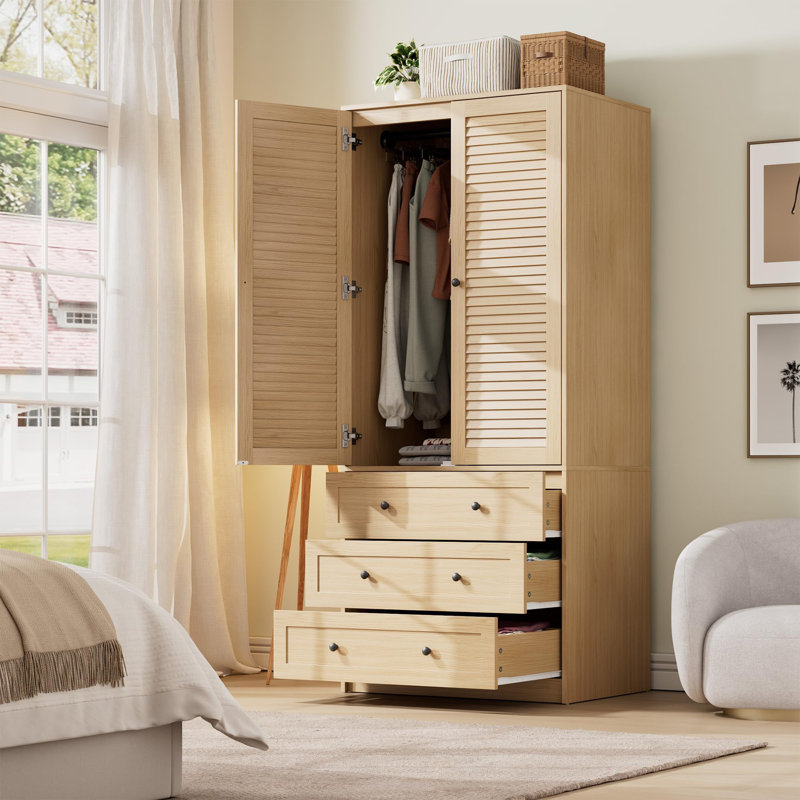 Armoire 70 po en bois moderne avec 2 portes, 3 tiroirs et tringle à penderie, grand placard pour le rangement des vêtements