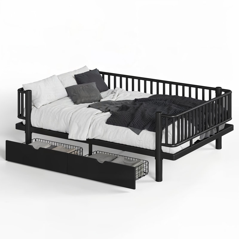Lit plateforme double avec tiroirs de rangement, structure de lit de jour en métal avec conception de tuyau rond de sécurité améliorée, conception à profil bas, noir