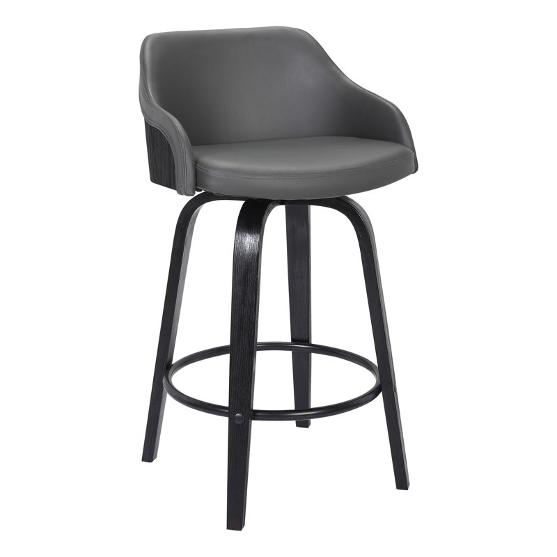 Aiken Swivel Counter or Bar Height Bar Stool with Arms in Faux Leather, Plywood and Metal Footrest, Grey Faux Leather, Black