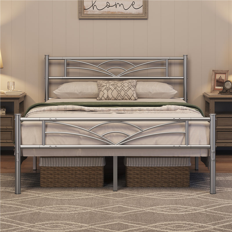 88.5cm Height Metal Bed Frame with Cloud-inspired Design Headboard, Double (4'6), Silver