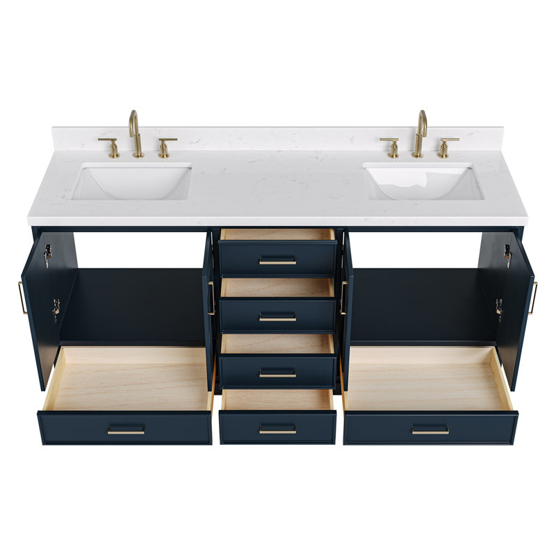 Ensemble de meuble-lavabo double 72,25 po avec plateau en quartz Abshire, Bleu minuit