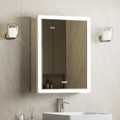 Armoire à pharmacie encastrée ou en saillie Ciyanna, 51 cm (L) x 66 cm (H), avec éclairage DEL, 3 étagères réglables, système antibuée, prises électriques et ports USB