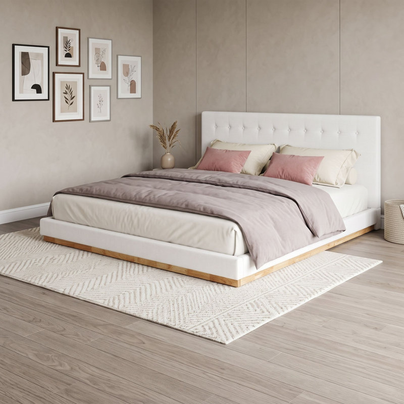 Wood Platform Bed with Upholstered Headboard