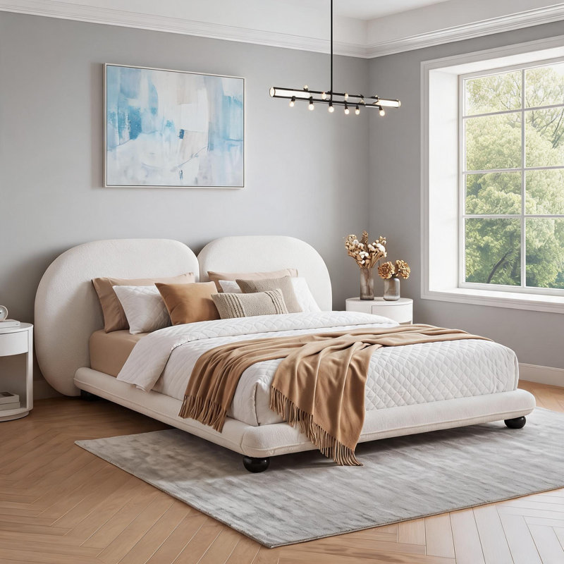 Curved Split Headboard Upholstered Platform Bed, Soft White Solid Wood King Size, Heavy Duty Support for Bedroom