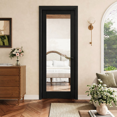 Porte prémontée noire 28 po x 80 po, 1 vantail, porte intérieure prémontée en verre clair avec charnières noires, vitrage opaque avec cadre noir, insonorisée et imperméable, convient pour la buanderie, la salle de bain, la cuisine, les armoires et les chambres, ouverture à gauche