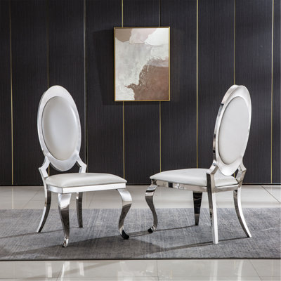 Stylish Leatherette Dining Chair Set Of 2 With Oval Backrest And Stainless Steel Legs