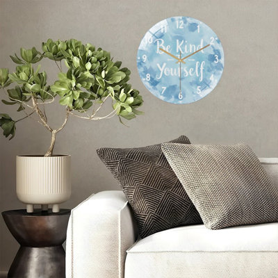 Horloge murale 12 pouces en verre trempé silencieux, "BeKindToYourself Blue Watercolor", horloge silencieuse sans pile, à piles (piles AA non incluses), décoration artistique