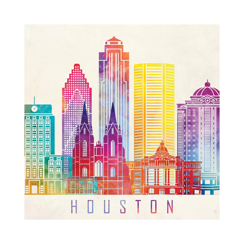 Houston Landmarks Watercolour Horizontal 1 Piece Wrapped Canvas Painting, 45.72cm H x 45.72cm W x 1.91cm D
