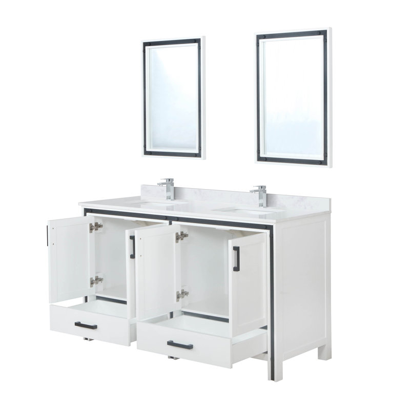 Ziva 60 in W x 22 in D Double Bath Vanity, White Top, 22 in Mirrors and Chrome Faucet Set, White Cultured Marble