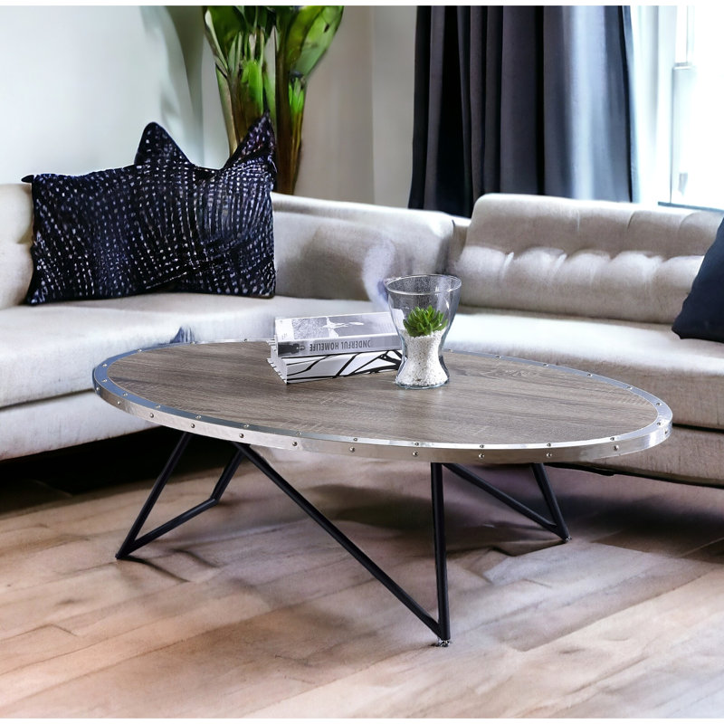 Table basse noire et chêne avec bordure en métal, hauteur de 15 po, capacité de poids de 70 lb, base ovale gris vieilli, produit de 20 lb