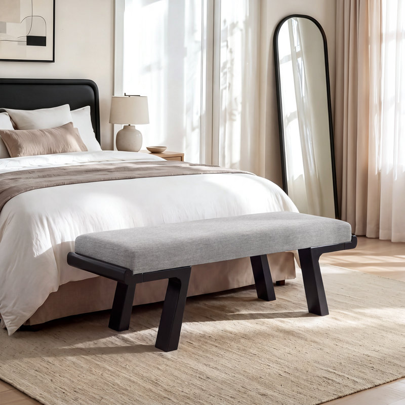 Anneus Gray Linen Upholstered Entryway Bench with Black Wood Frame, Gray/Black