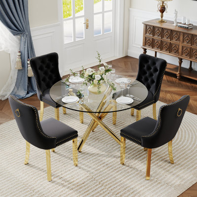 5-Piece Modern Round Pedestal Dining Set with Velvet Tufted Dining Chair for Dining Room and Living Room