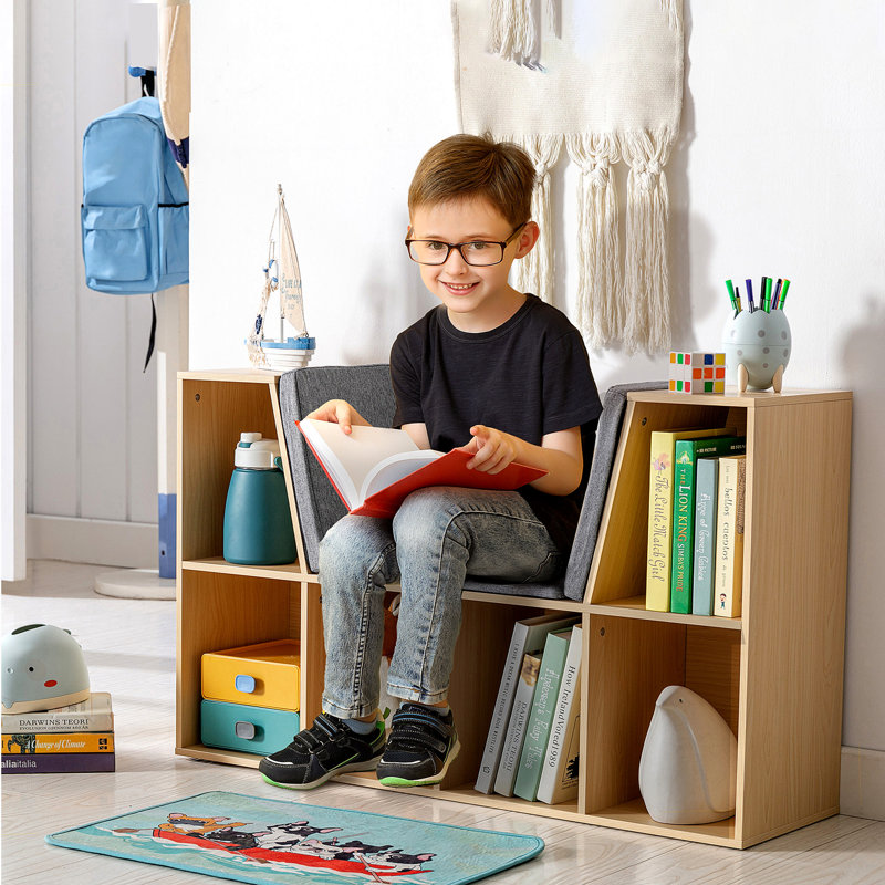 Bookcase With Reading Nook And Cushion, Multi-Purpose Storage Organizer, Brown