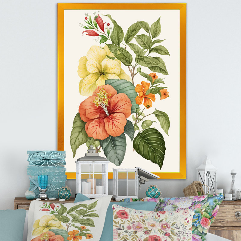 «Blossiming Yellow Retro Hibiscus VI», art floral sur toile, Encadrement doré, H 32 po x l 16 po x P 1 po