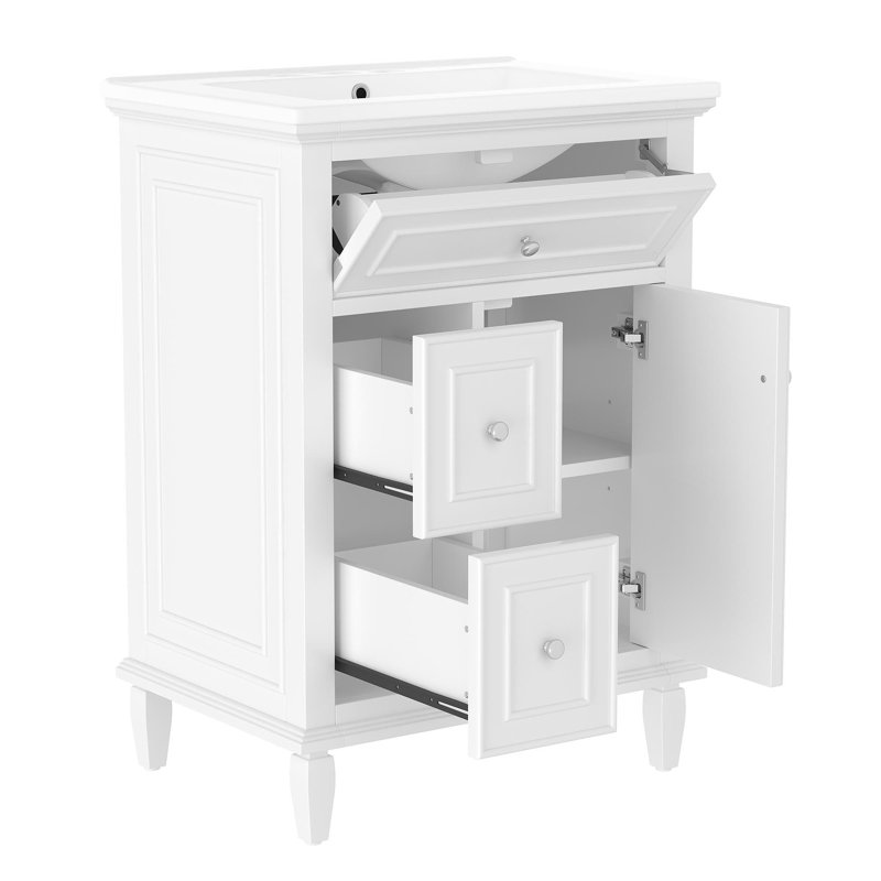 Meuble-lavabo 24 po avec lavabo, meuble-lavabo avec un tiroir rabattable et deux tiroirs, tablette réglable, bois massif et panneau de fibres à densité moyenne, blanc