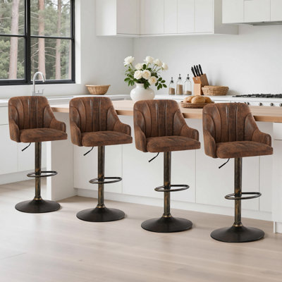 Set of 4 Bar Stools Adjustable Swivel Faux Leather Bar Chairs, Upholstered Counter Height with High Backrest Stool for Kitchen Island, Brown