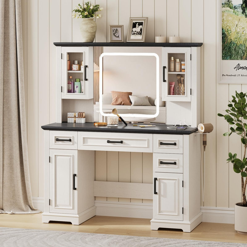 Farmhouse Vanity Desk With Mirror And Lights, Black/White