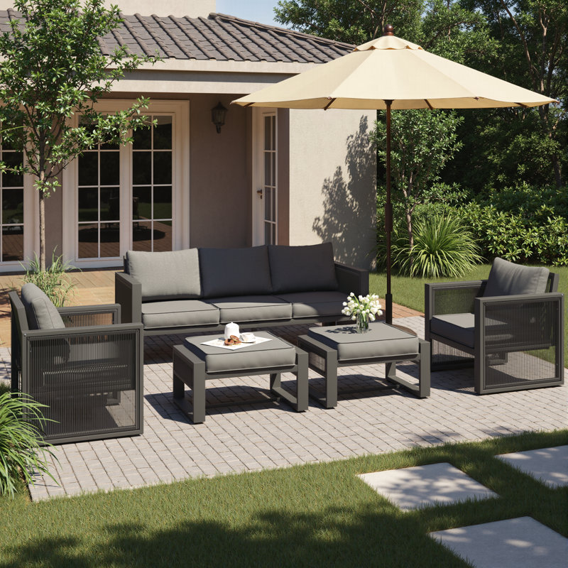 Harloe 7-Person Aluminum Patio Conversation Set With Cushions, Coffee Table Not Included, Gray Cushion/Black Frame