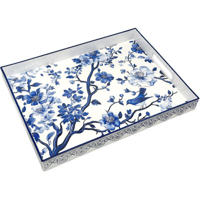 Exquisite Painted Blue Sparrow Serving Tray with Handles