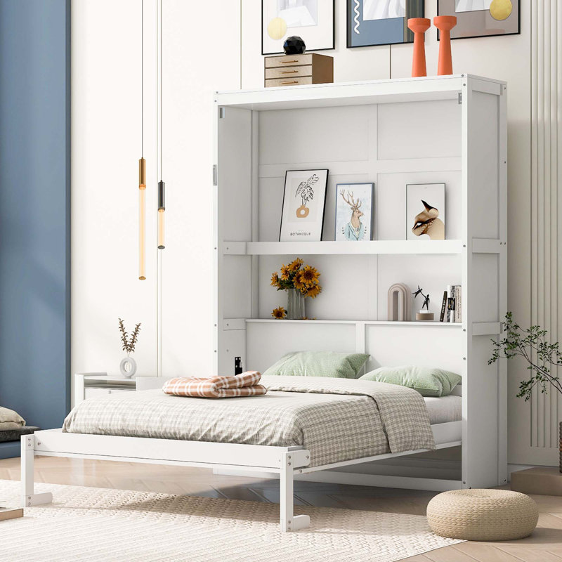 Lit escamotable double avec tablettes pour une utilisation compacte et multifonctionnelle, idéal pour les petits appartements et les chambres d'amis
