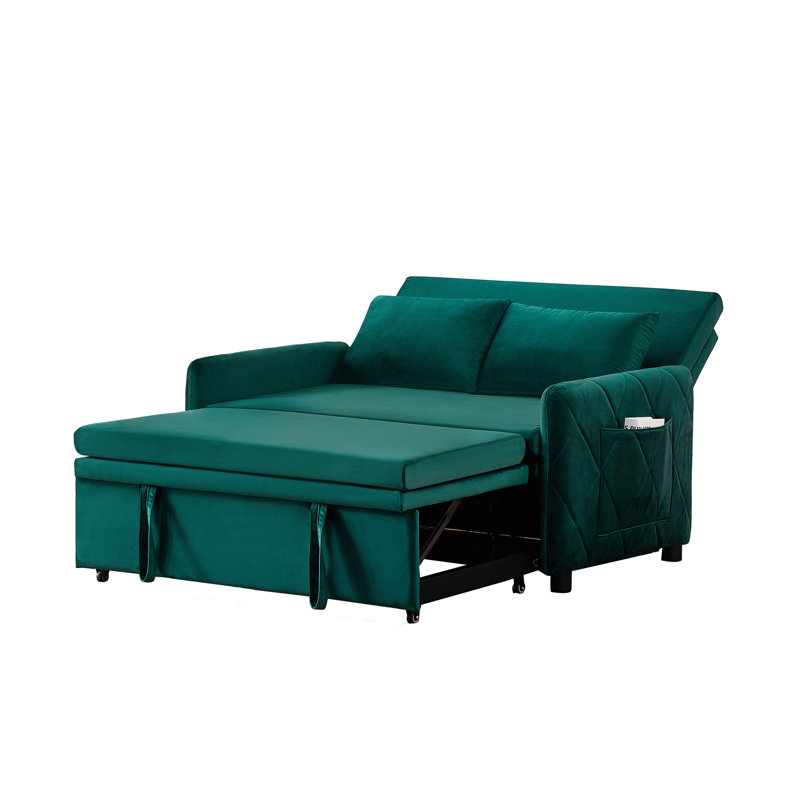 Canapé-lit en velours avec deux coussins et dossier réglable, Velours vert