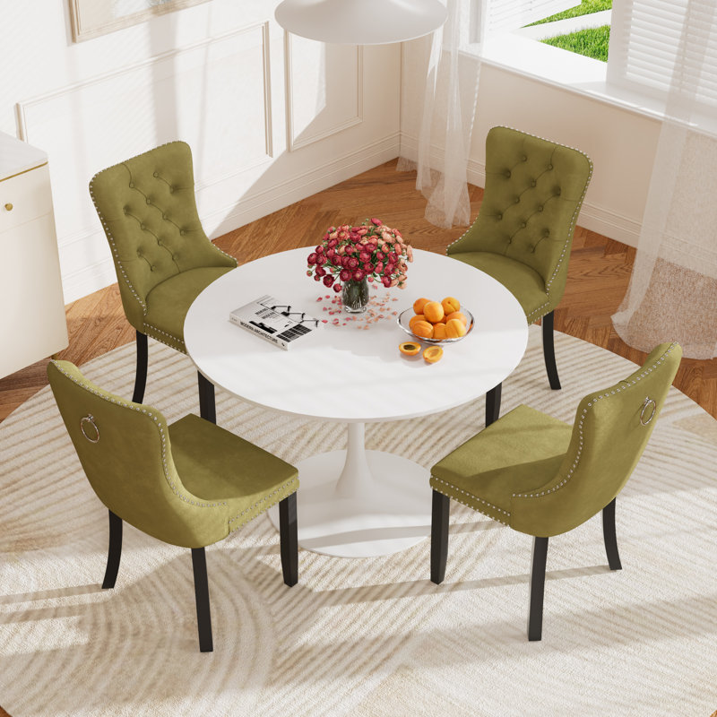 5-Piece Modern Dining Set: 42.1" Marble-Look MDF Table & 4 Velvet Upholstered Chairs, Blanc, Vert olive