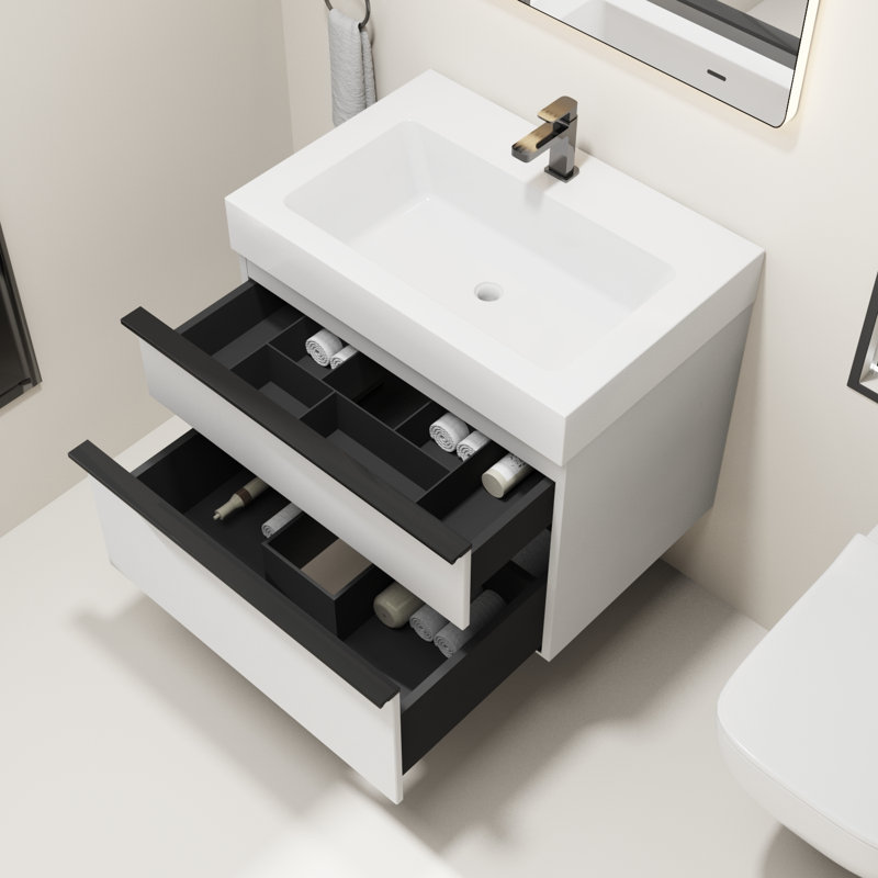 Meuble-lavabo mural blanc de 30 po avec lavabo en acrylique, 2 tiroirs à fermeture en douceur, armoire flottante moderne pré-assemblée