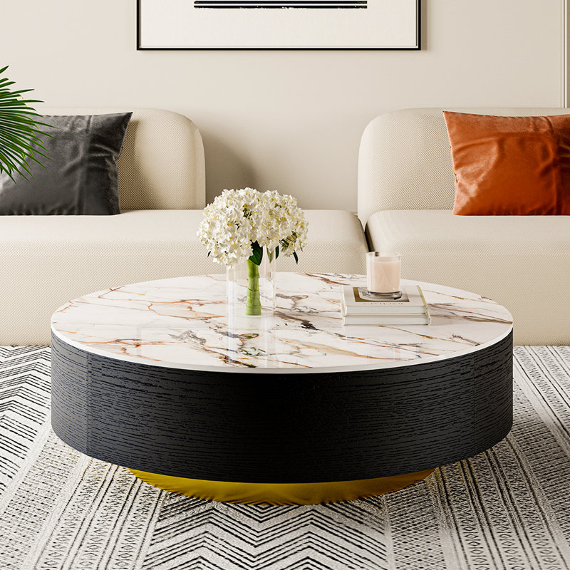  Drum Coffee Table, Sintered Stone Top, 2 Solid Wood Drawers, Fully-Assembled, 14.17" H x 35.43" W x 35.43" D, Black