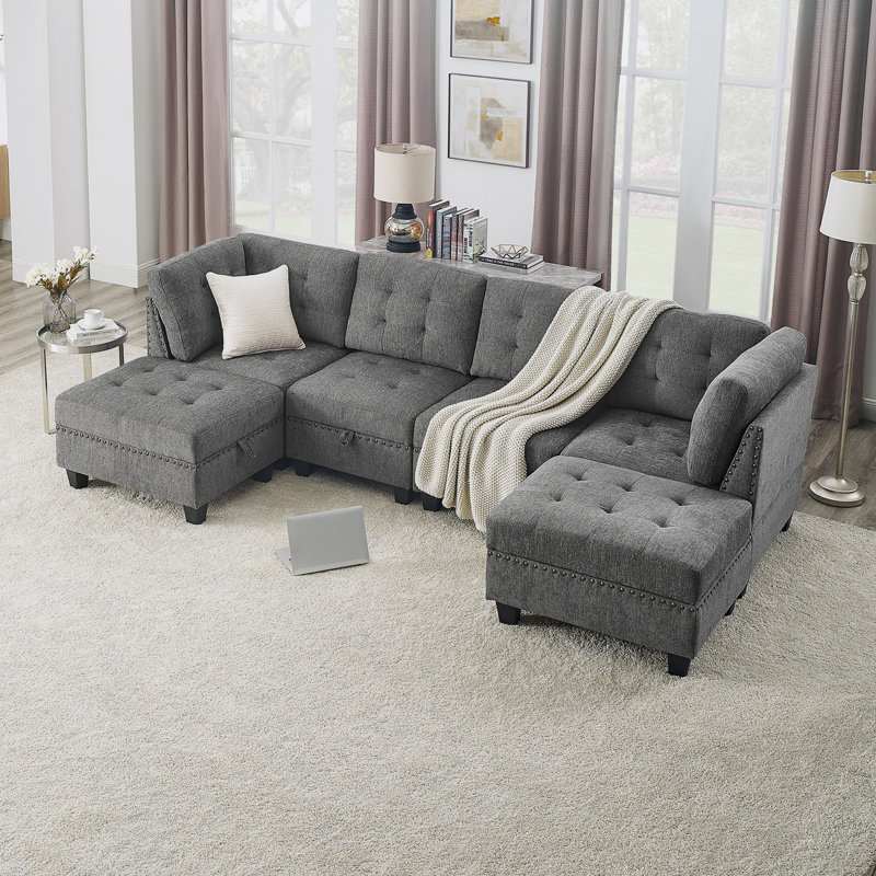 57" Wide Reversible Modular Seating Component Sectional with Ottoman,sectional sofa,sectional couch, Grey Chenille