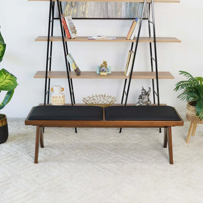 Banc en bois massif Keira avec revêtement en tissu gris et pieds de couleur noyer