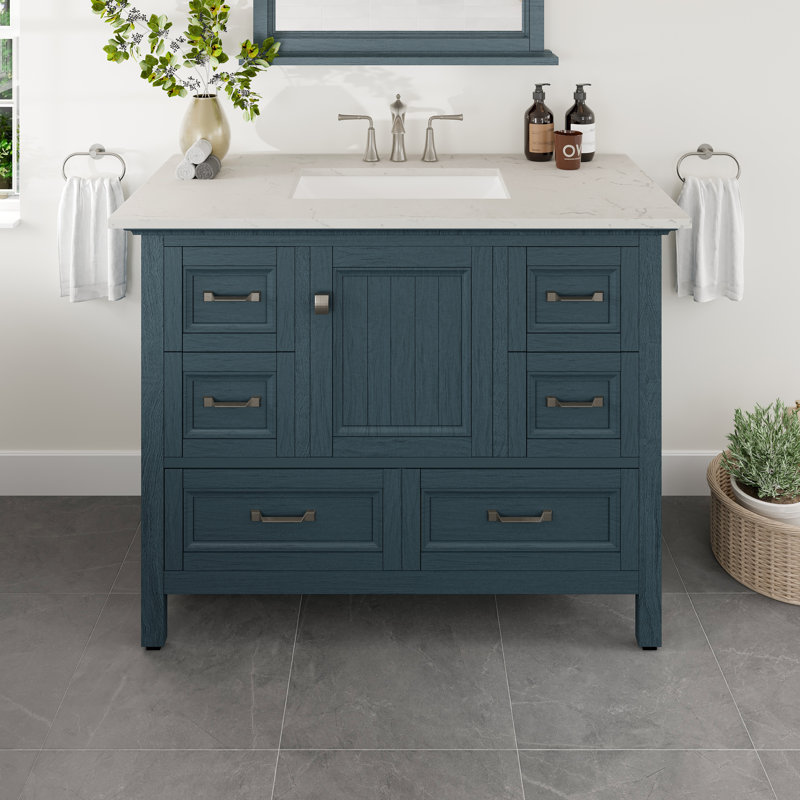 Meuble-lavabo double en porcelaine encastrable l 60 po x P 22 po Glebs, Bleu cendré, Quartz - blanc de Carrare