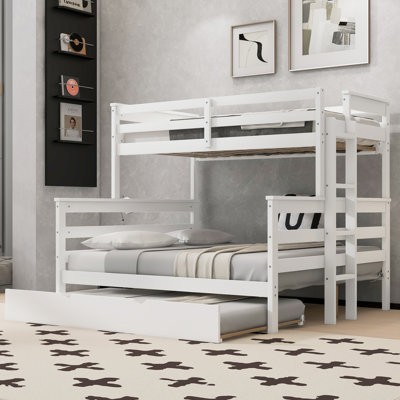 Wood Twin XL over Queen Bunk Bed with Trundle & Ladder, Convertible to 3 Beds,White
