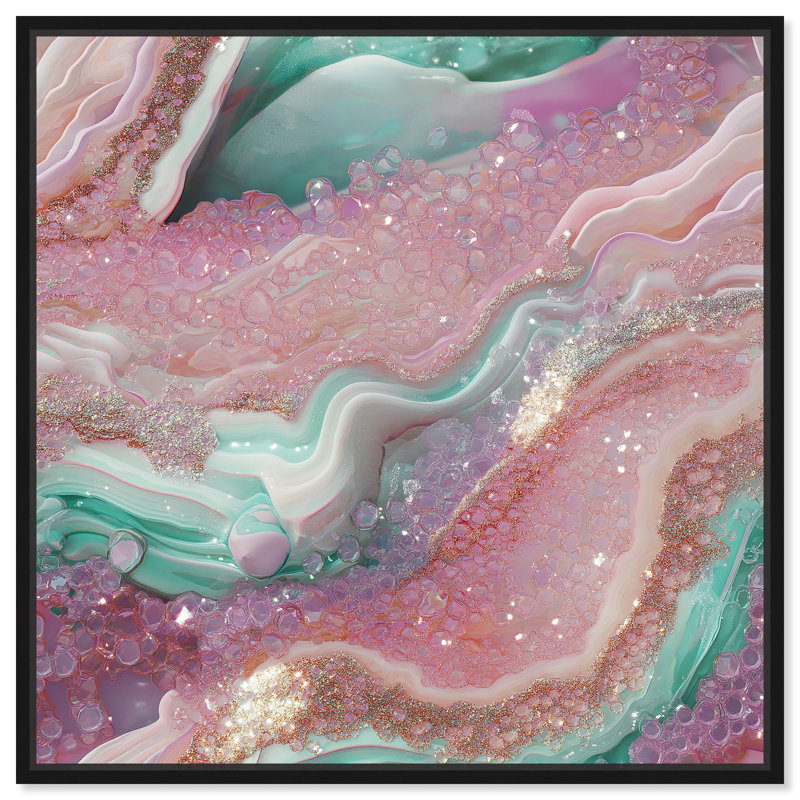 «Pink and Mint Crystal III», toile abstraite colorée par , H 13 po x l 13 po, Cadre flottant noir