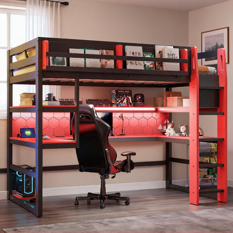 Structure de lit mezzanine en bois MDF riche en bois rouge conçue pour les espaces de jeu fonctionnels avec rangement intégré et éclairage RVB