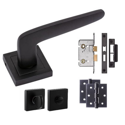  Venus Bathroom Door Handles on Square Rose in Stunning Matt Black Finish 1 Pair of Ball Bearing Hinges, Mortise Lock and Matching Thumbturn