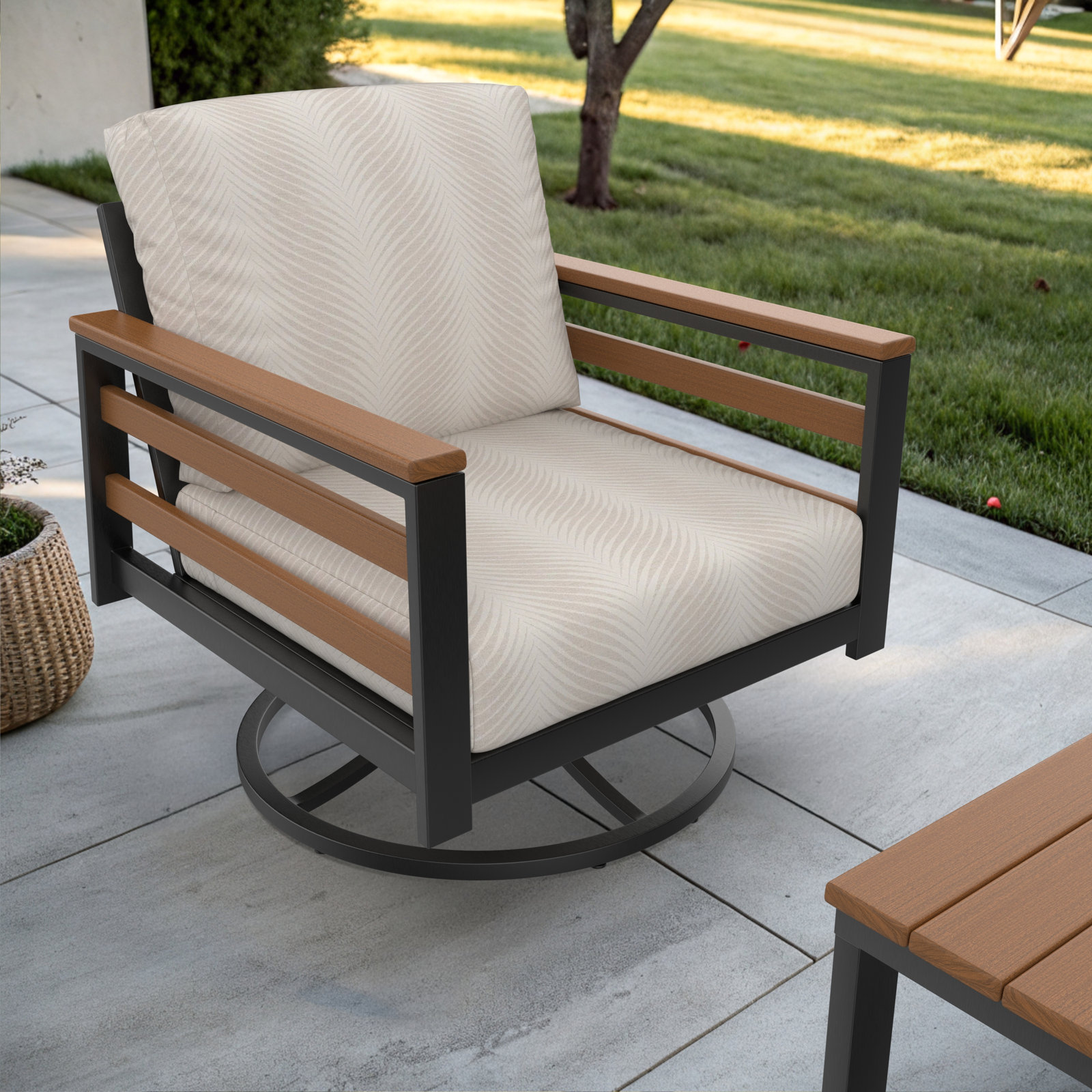 Townsend Sunbrella® Metal Swivel Patio Rocking Chair, Sunbrella Clockout Cloud, Brown