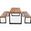 Salle à manger extérieure toutes saisons: table et 2 bancs, plateau en bois, structure en acier, assemblage requis avec et en acier, pour différentes occasions climatiques
