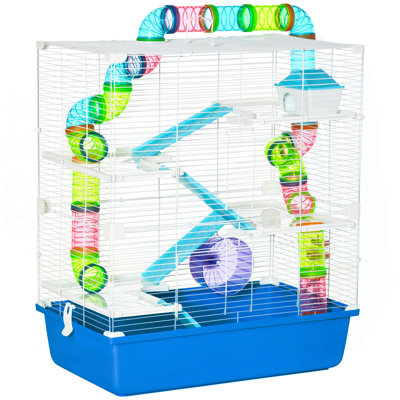 Très grande cage à hamster de 23 po avec tubes et tunnels, poignées de transport portables, maison à 5 étages Rat House et Habitats, avec roue d'exercice, bouteille d'eau, plat à nourriture, bleu
