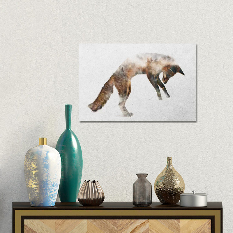 Jumping Fox by Andreas Lie - Print on Canvas, 30.48 cm H x 45.72 cm W, Brown Framed