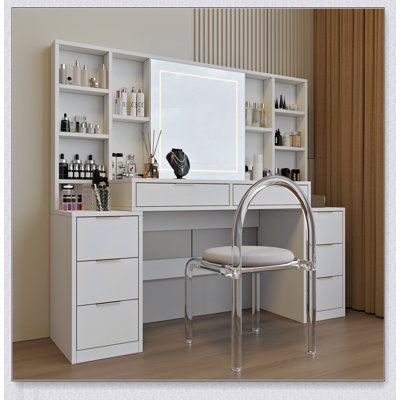 Grand bureau de maquillage pour coiffeuse de 59 pouces avec miroir, lumières DEL réglables et amplement de rangement pour les femmes et les filles, parfait pour la chambre à coucher