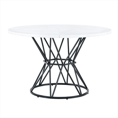 A Circular Dining Table With A Diameter Of 47.3 Inches, Composed Of 4 White Marble Patterned MDF Boards,Black Hourglass Shaped Metal Brackets,And A Modern Industrial Style Dining Table For 4-6 People.
